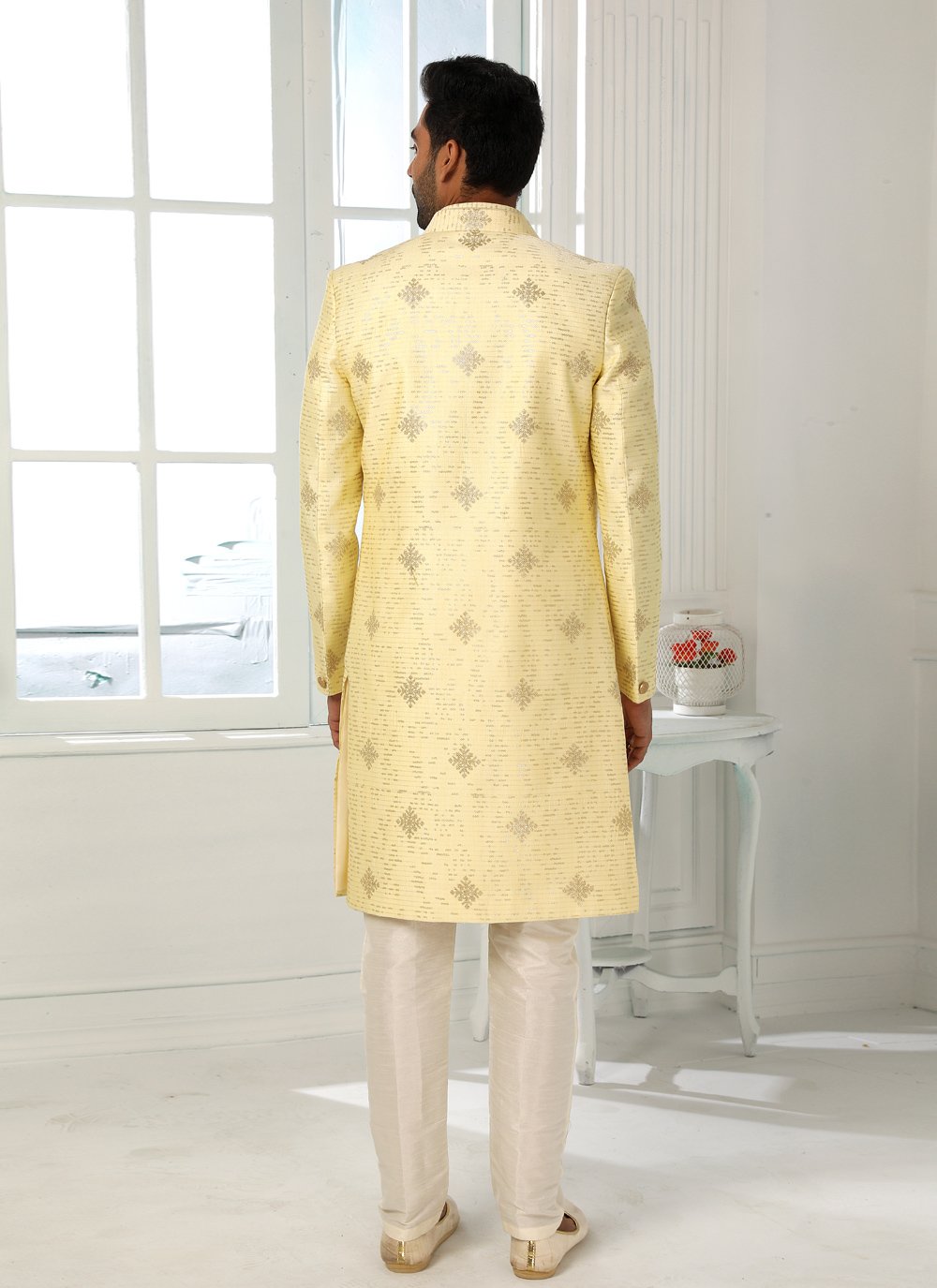 Indo Western Art Silk Yellow Machine Embroidery Mens