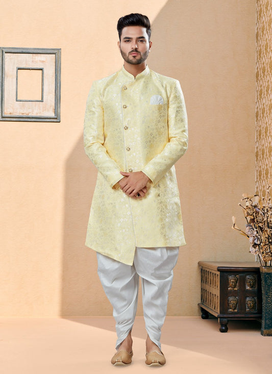 Indo Western Sherwani Banarasi Jacquard Yellow Thread Mens