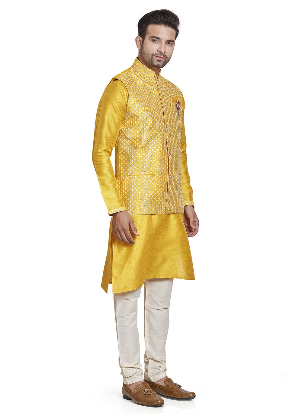 Kurta Payjama With Jacket Silk Yellow Embroidered Mens