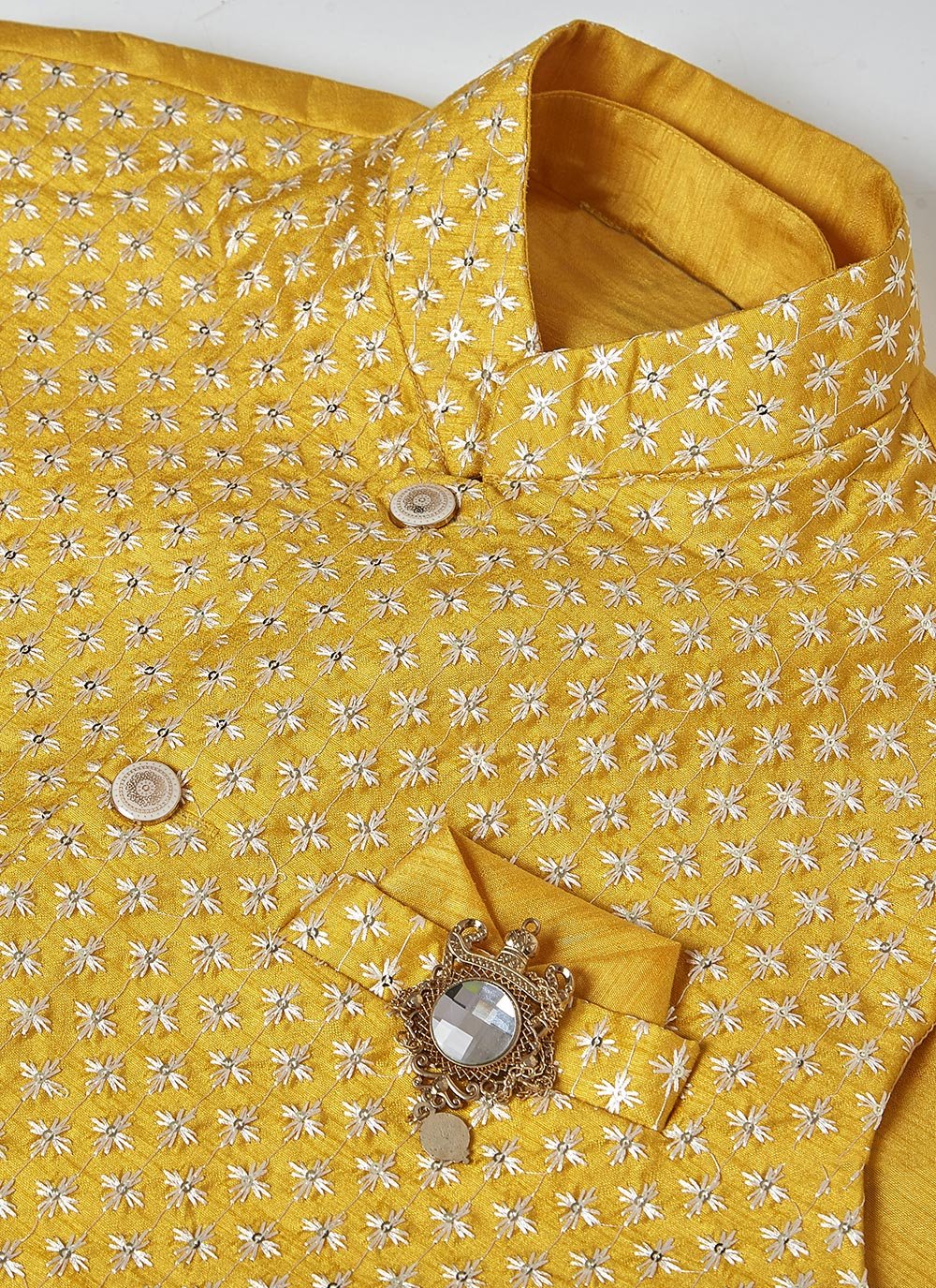 Kurta Payjama With Jacket Silk Yellow Embroidered Mens