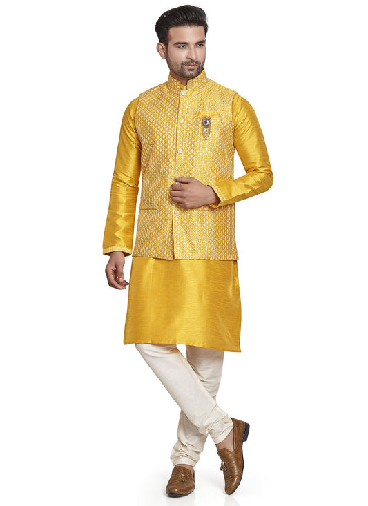 Kurta Payjama With Jacket Silk Yellow Embroidered Mens