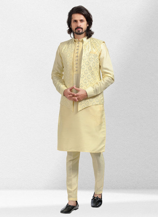 Kurta Payjama With Jacket Art Banarasi Silk Yellow Embroidered Mens