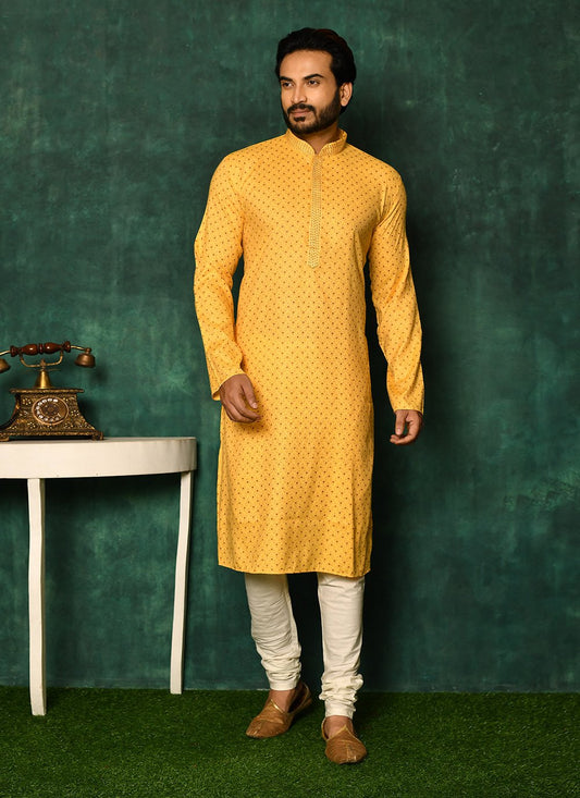 Kurta Pyjama Cotton Yellow Print Mens