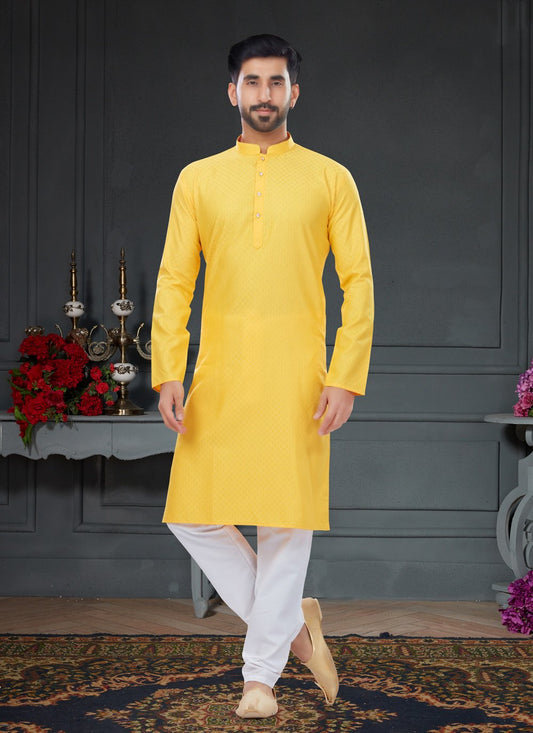 Kurta Pyjama Cotton Jacquard Yellow Fancy Work Mens