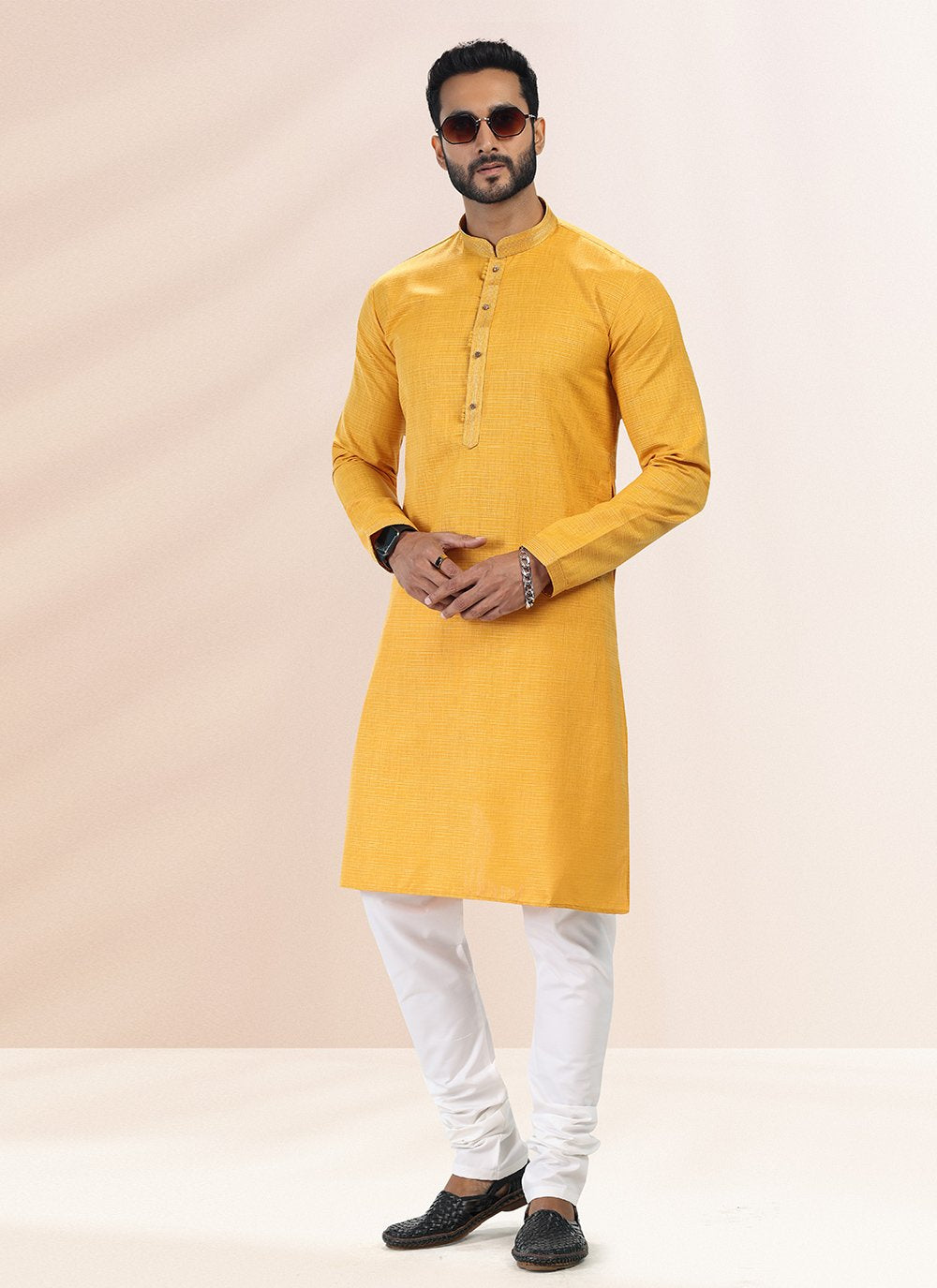 Kurta Pyjama Cotton Linen Yellow Plain Mens