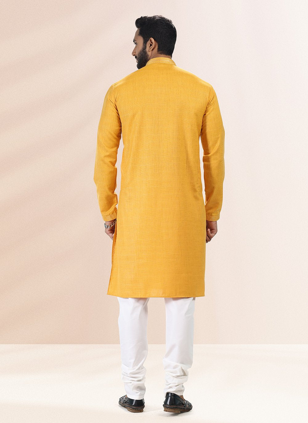 Kurta Pyjama Cotton Linen Yellow Plain Mens