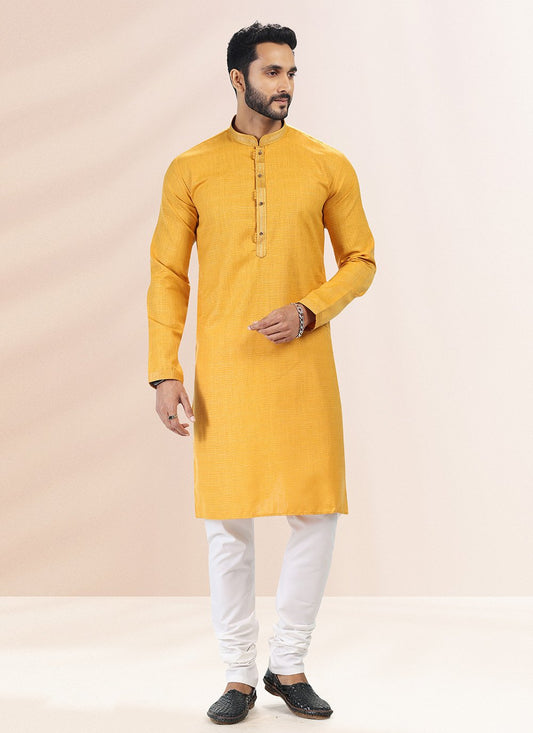 Kurta Pyjama Cotton Linen Yellow Plain Mens