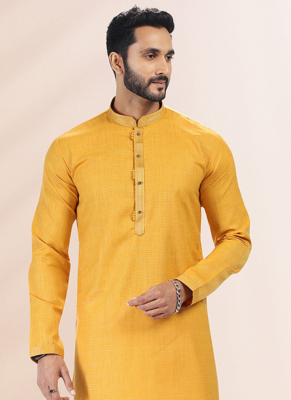 Kurta Pyjama Cotton Linen Yellow Plain Mens