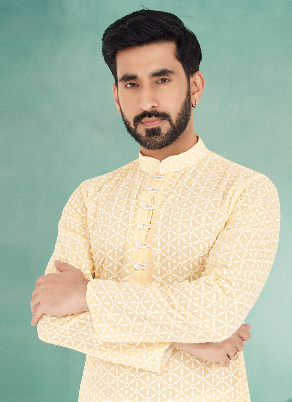 Kurta Pyjama Georgette Yellow Embroidered Mens