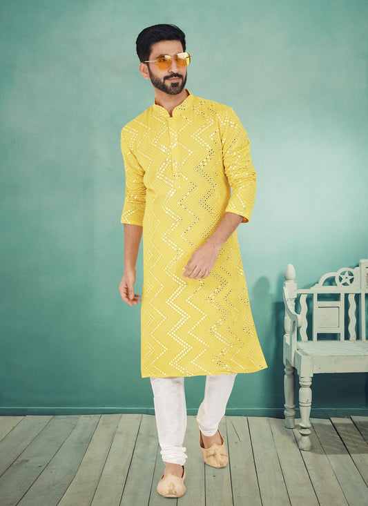 Kurta Pyjama Georgette Yellow Embroidered Mens