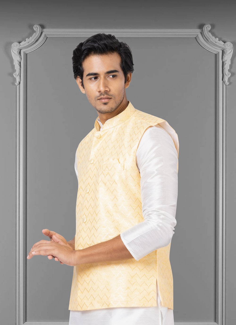 Nehru Jackets Linen Silk Yellow Embroidered Mens