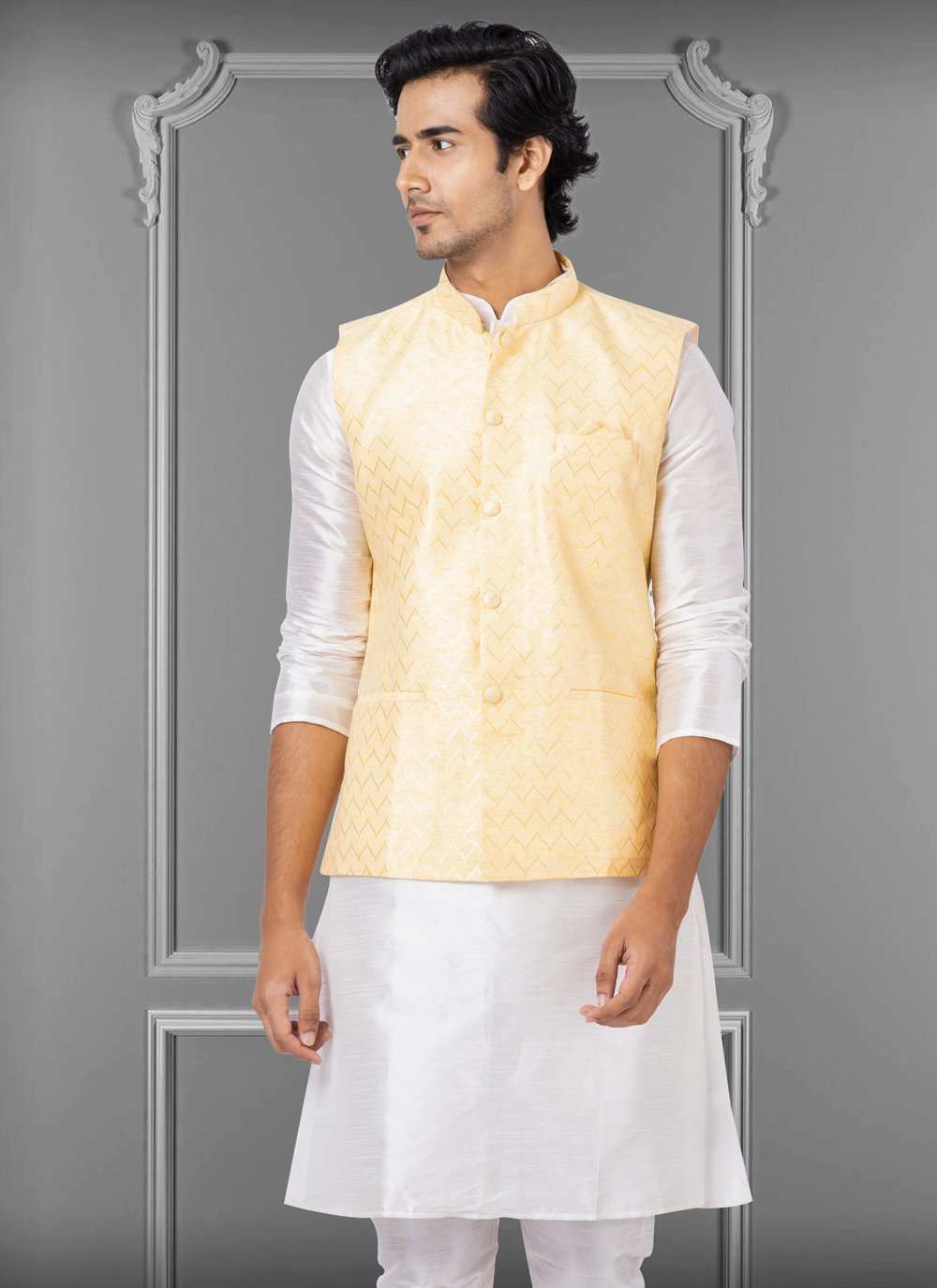 Nehru Jackets Linen Silk Yellow Embroidered Mens