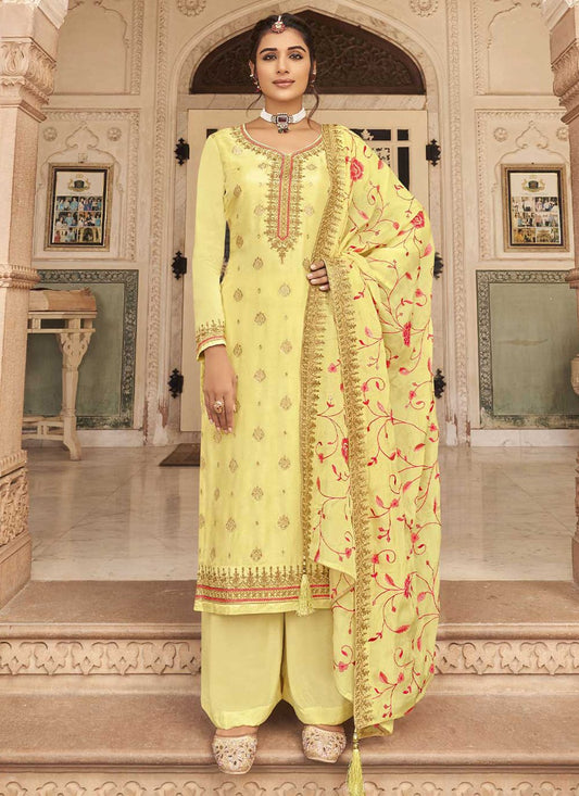 Pakistani Salwar Suit Jacquard Pure Dola Yellow Embroidered Salwar Kameez