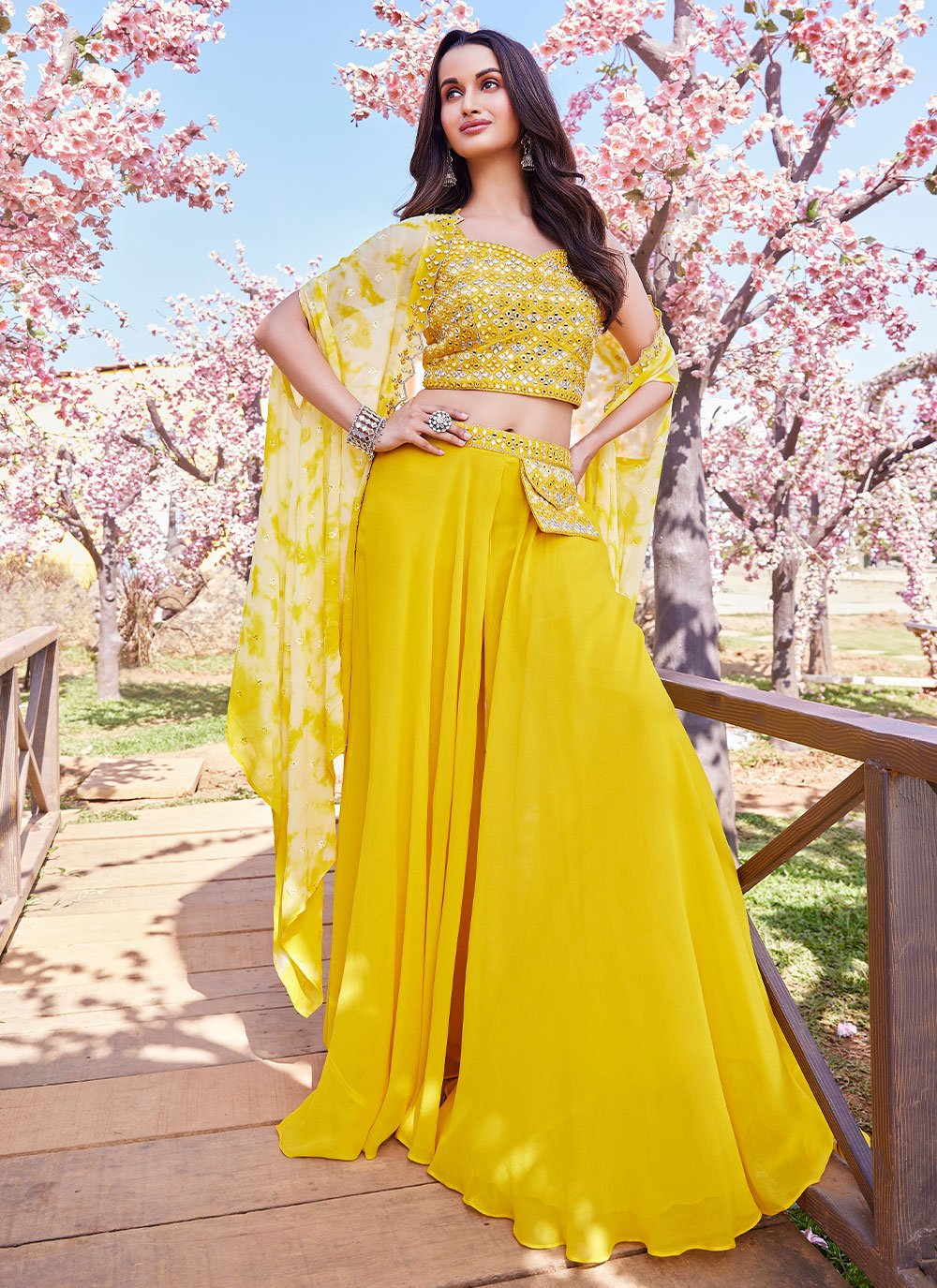 Palazzo Salwar Suit Georgette Yellow Embroidered Salwar Kameez