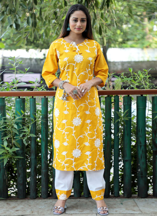 Pant Style Suit Blended Cotton Yellow Embroidered Salwar Kameez