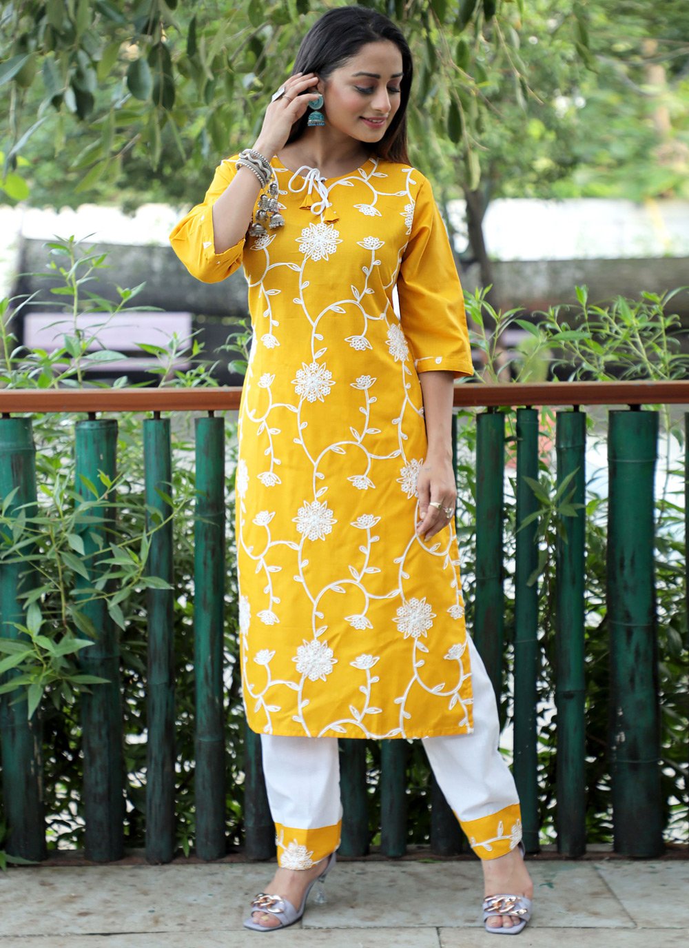 Pant Style Suit Blended Cotton Yellow Embroidered Salwar Kameez