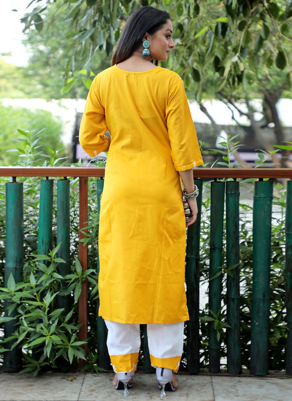 Pant Style Suit Blended Cotton Yellow Embroidered Salwar Kameez