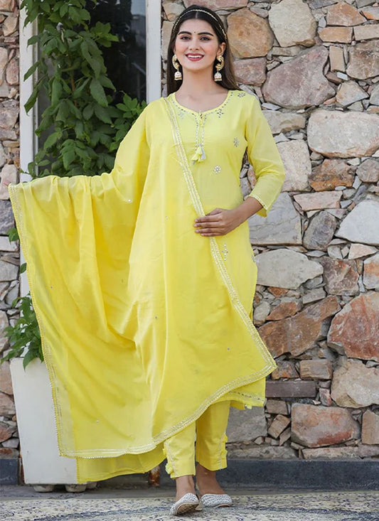 Pant Style Suit Cotton Yellow Embroidered Salwar Kameez
