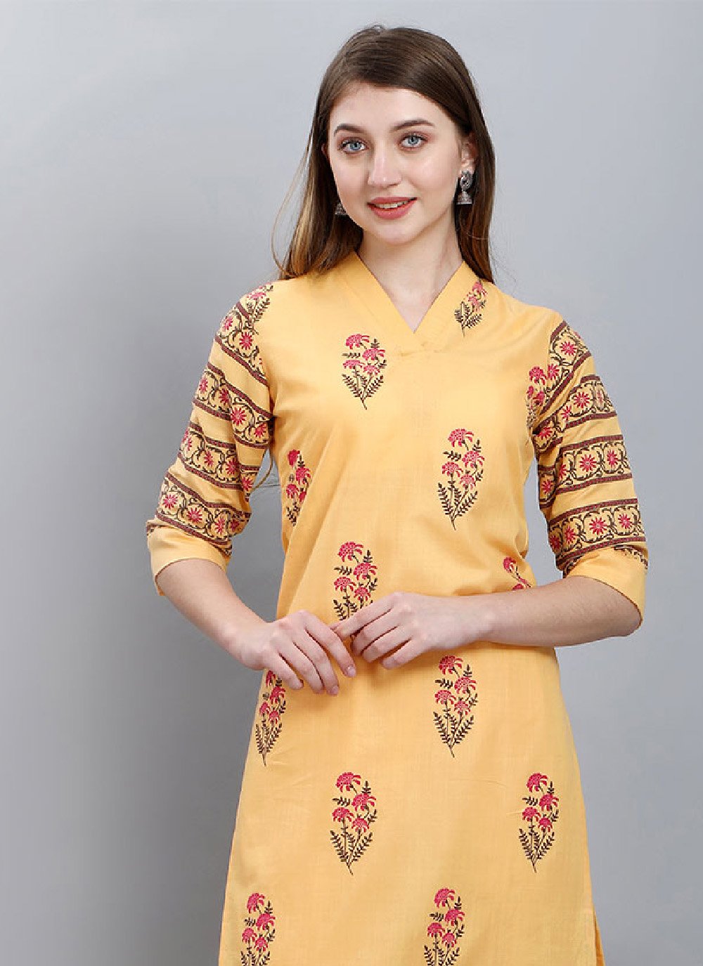 Party Wear Kurti Cotton Yellow Booti Kurtis