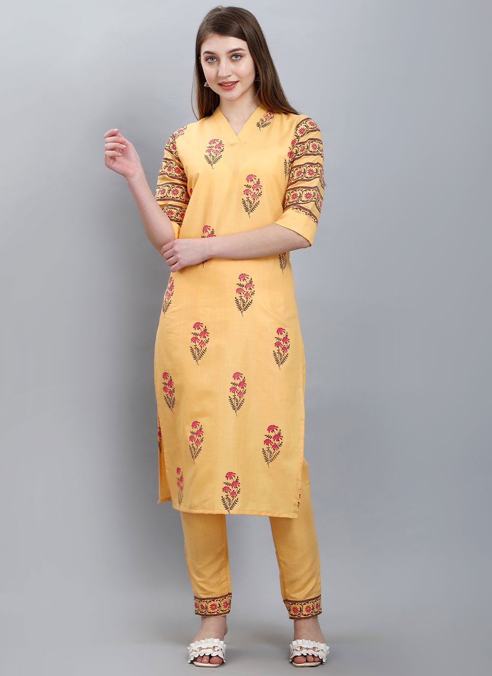 Party Wear Kurti Cotton Yellow Booti Kurtis