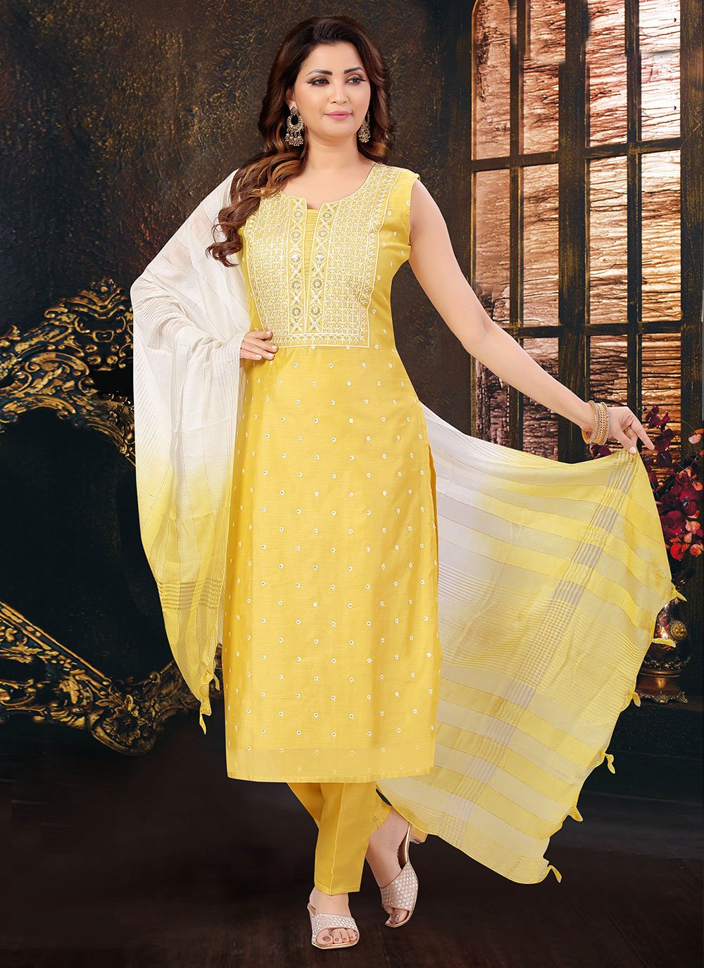 Salwar Suit Art Silk Yellow Embroidered Salwar Kameez