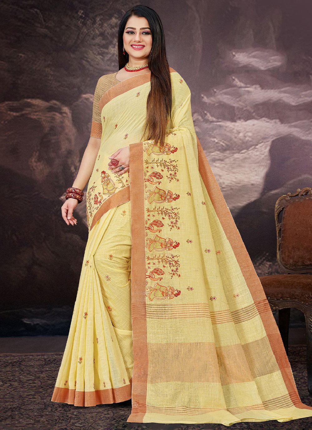 Classic Linen Yellow Embroidered Saree