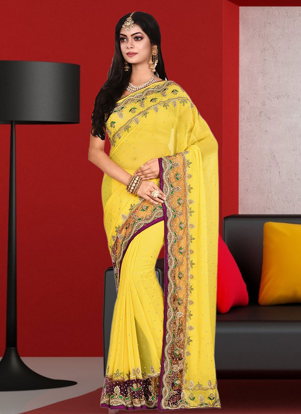 Trendy Saree Georgette Yellow Hand Work Saree
