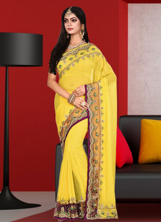 Trendy Saree Georgette Yellow Hand Work Saree