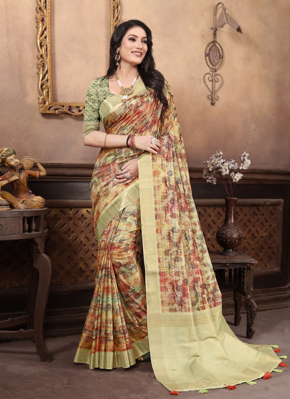 Contemporary Silk Yellow Digital Print Saree