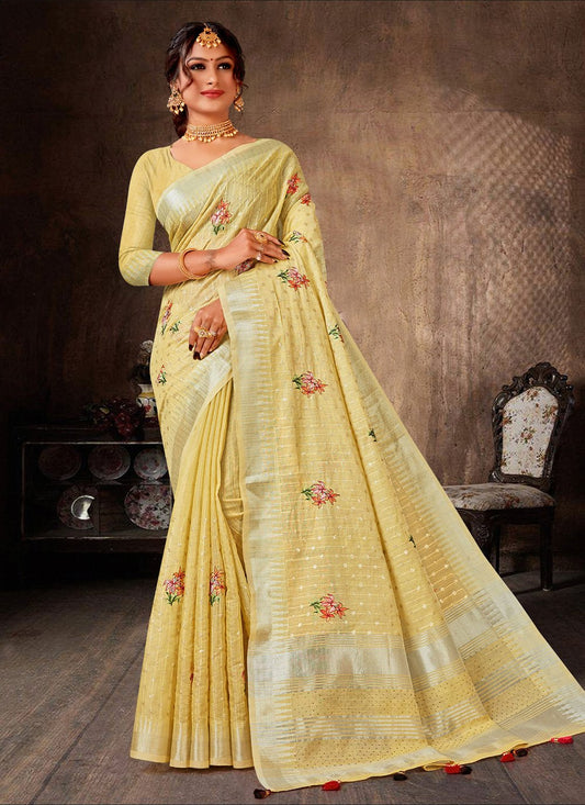 Contemporary Linen Tissue Yellow Embroidered Saree