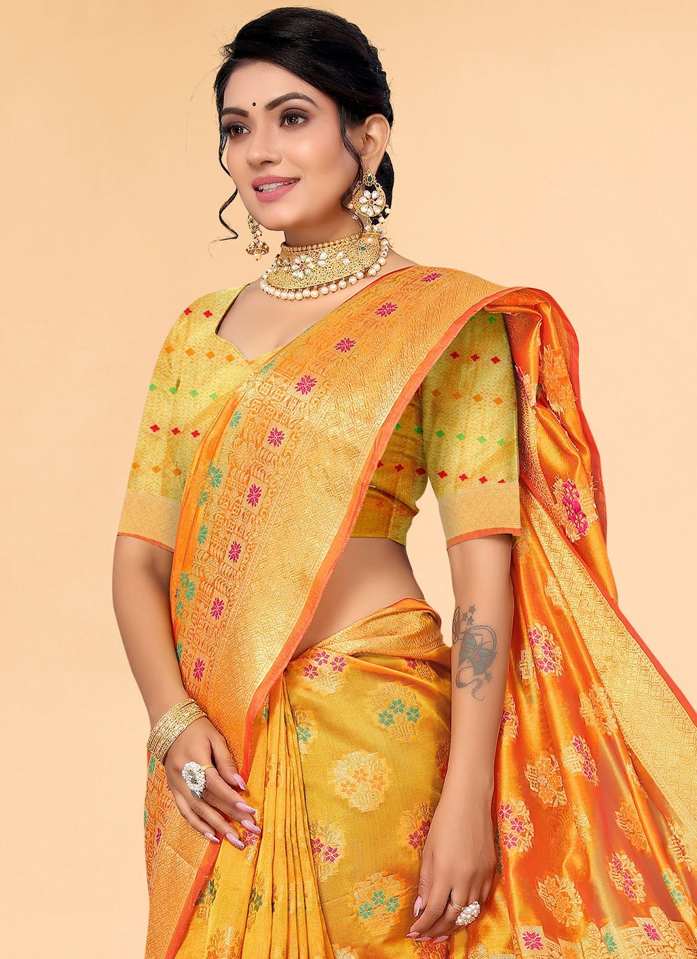 Contemporary Organza Yellow Patch Border Saree