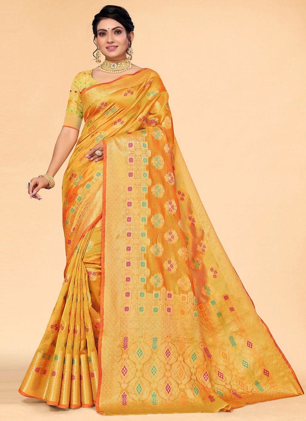 Contemporary Organza Yellow Patch Border Saree