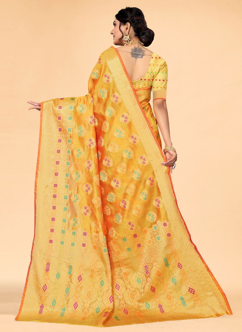 Contemporary Organza Yellow Patch Border Saree