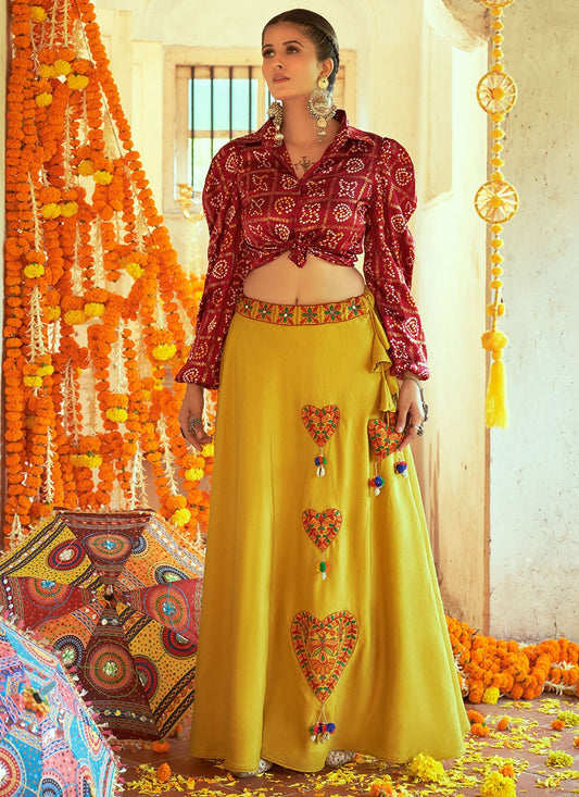 A Line Lehenga Cotton Yellow Embroidered Lehenga Choli