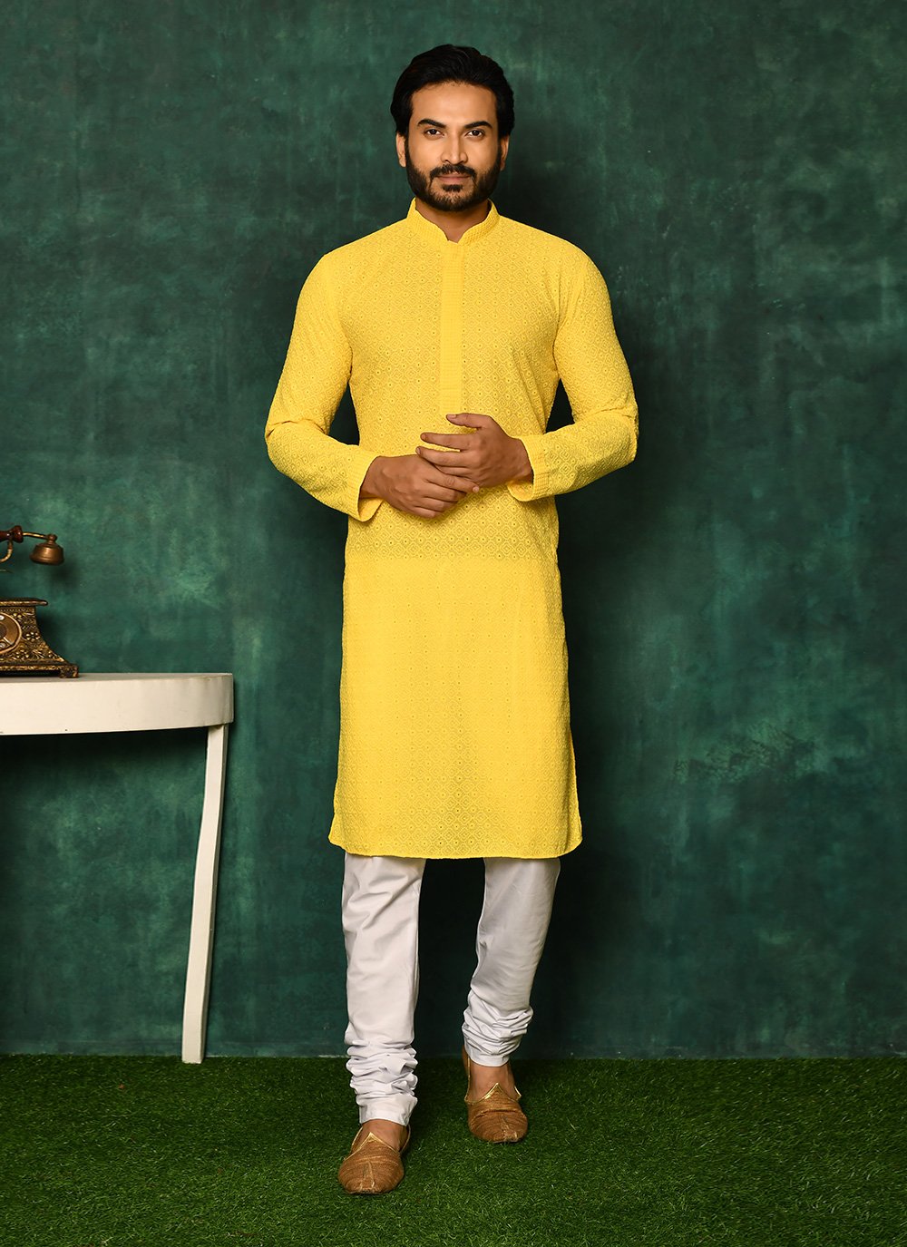 Kurta Pyjama Cotton Yellow Chikankari Work Mens