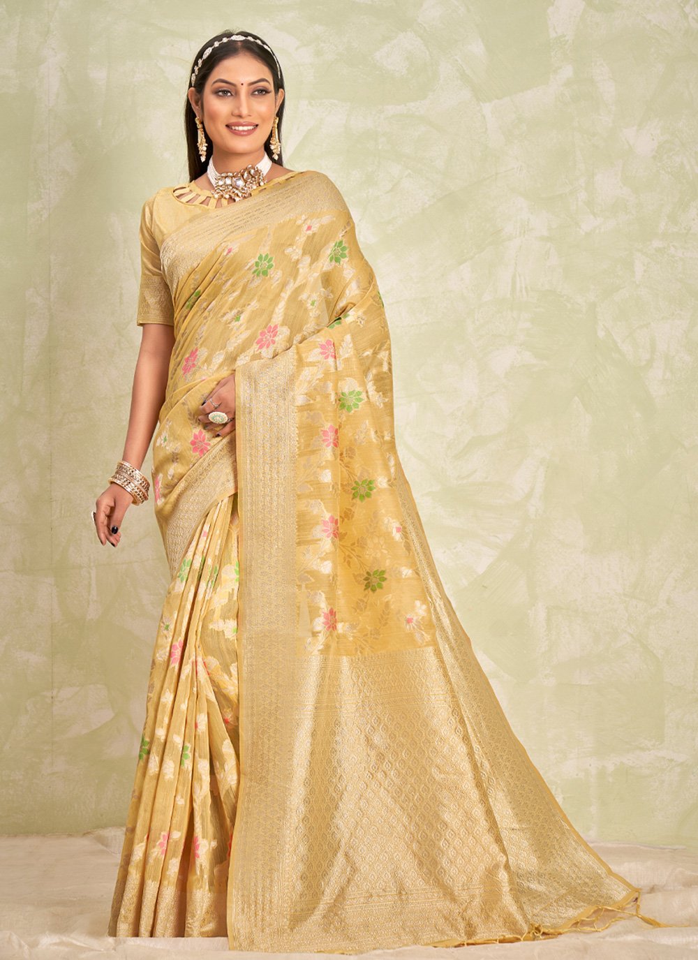 Designer Cotton Yellow Embroidered Saree