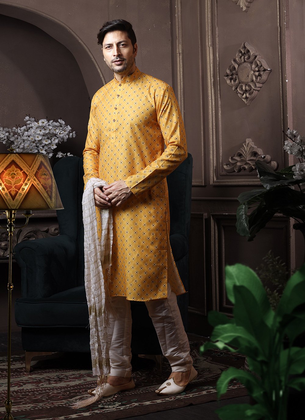 Kurta Pyjama Cotton Yellow Print Mens