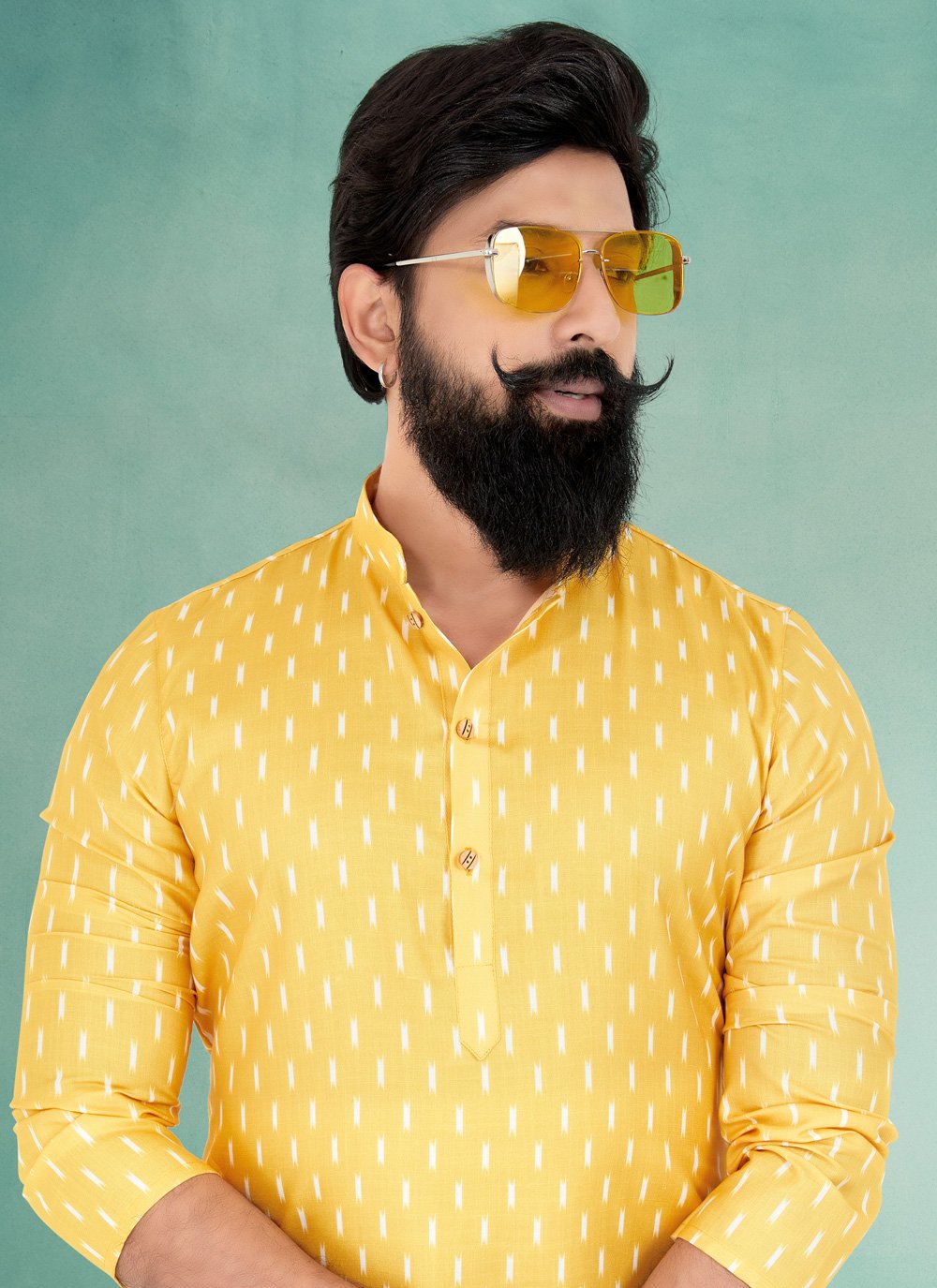 Kurta Pyjama Cotton Yellow Digital Print Mens