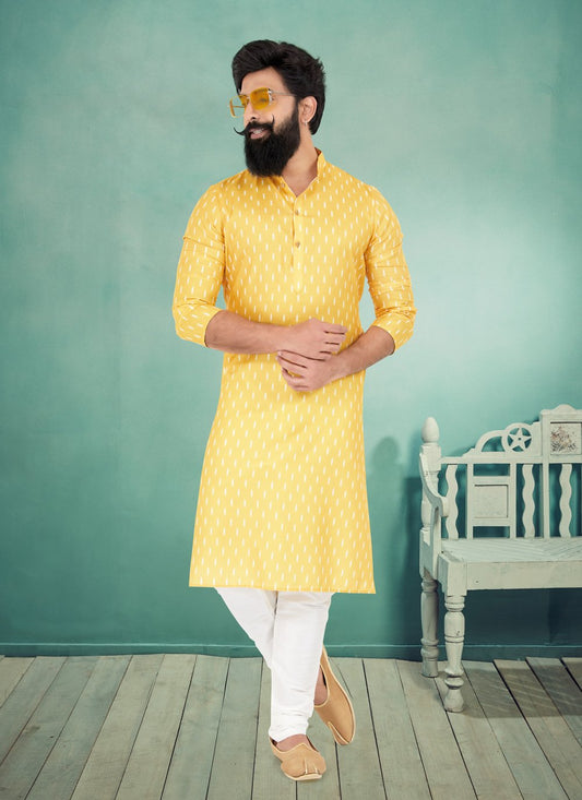 Kurta Pyjama Cotton Yellow Digital Print Mens