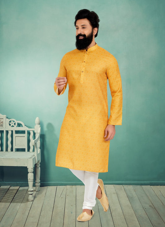 Kurta Pyjama Cotton Yellow Digital Print Mens