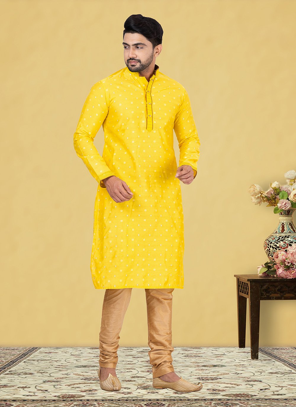 Kurta Pyjama Cotton Yellow Fancy Work Mens