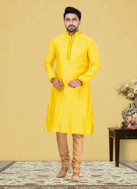 Kurta Pyjama Cotton Yellow Fancy Work Mens