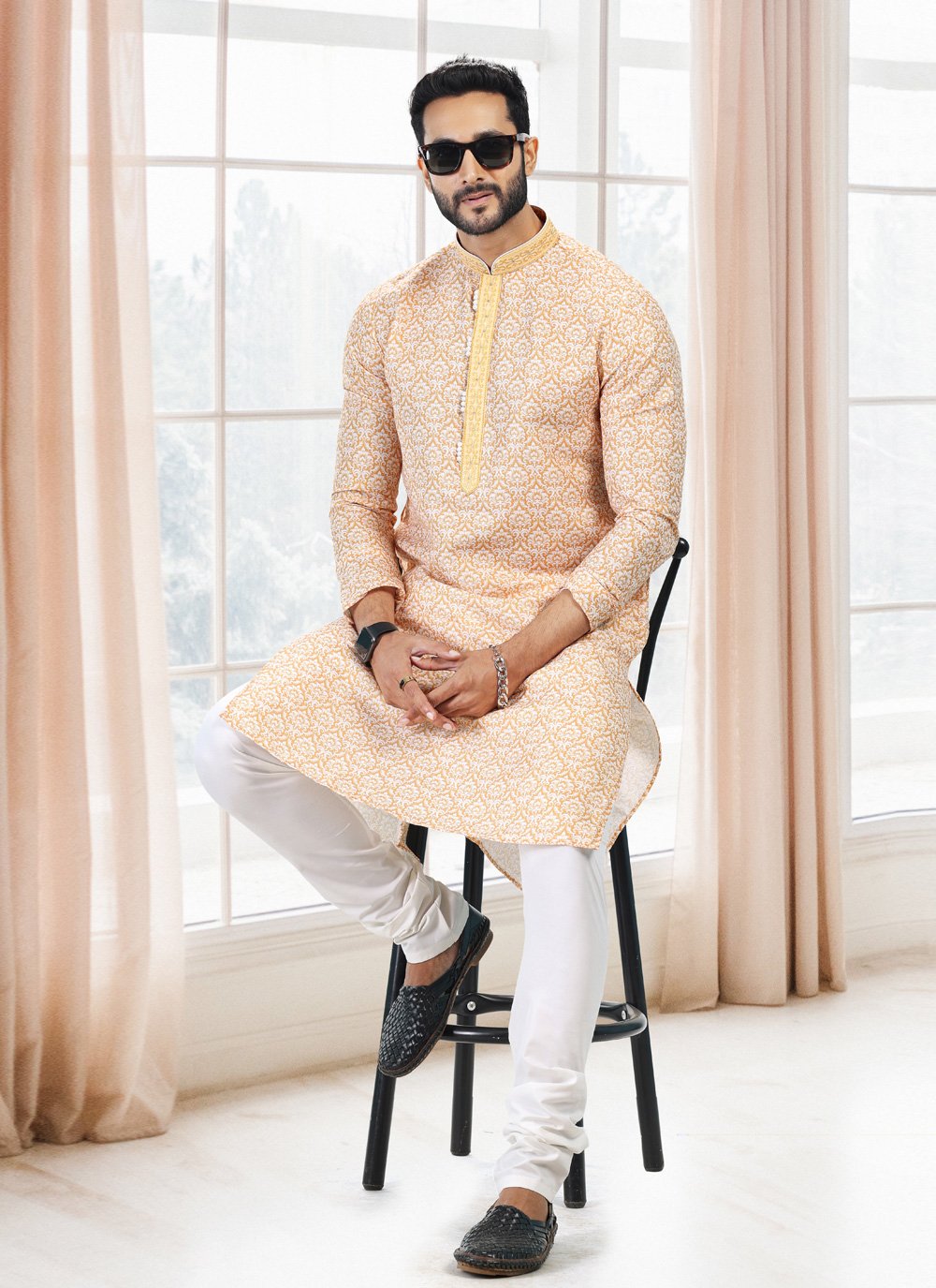 Kurta Pyjama Cotton Yellow Fancy Work Mens