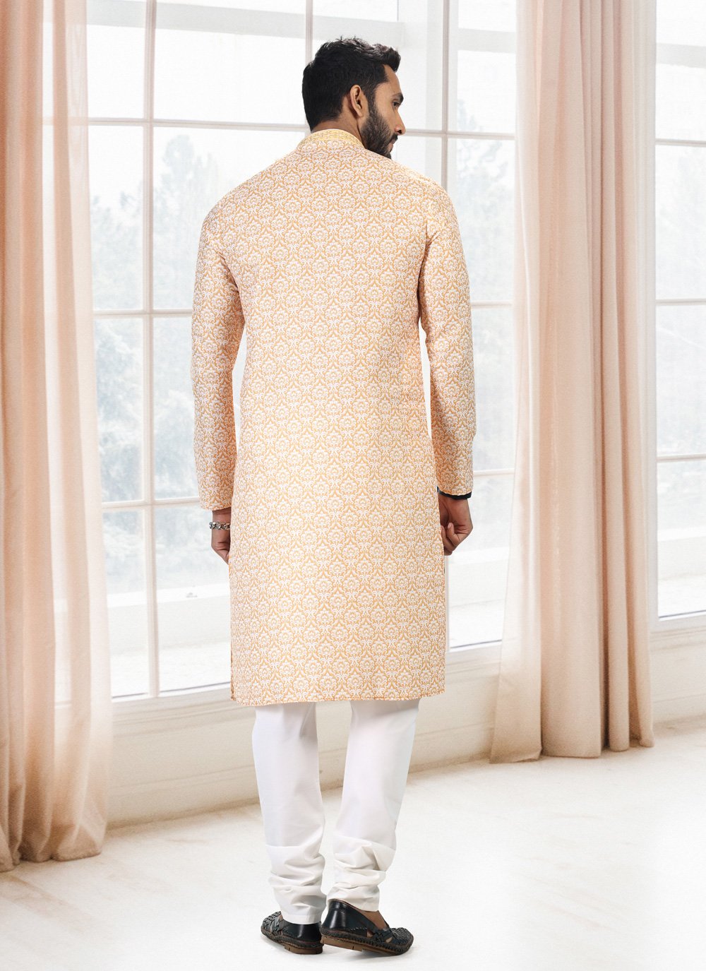 Kurta Pyjama Cotton Yellow Fancy Work Mens