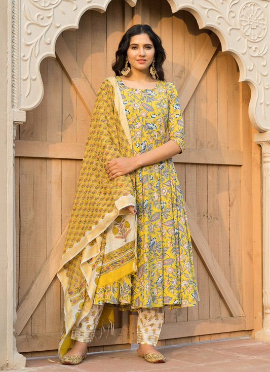 Pant Style Suit Cotton Yellow Lace Salwar Kameez
