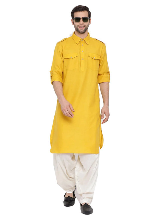 Kurta Pyjama Cotton Yellow Plain Mens