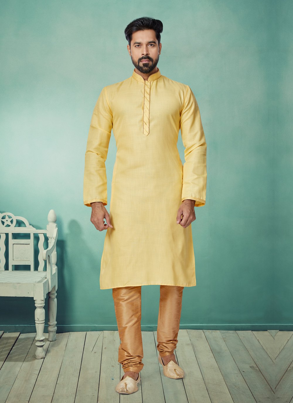 Kurta Pyjama Cotton Yellow Plain Mens