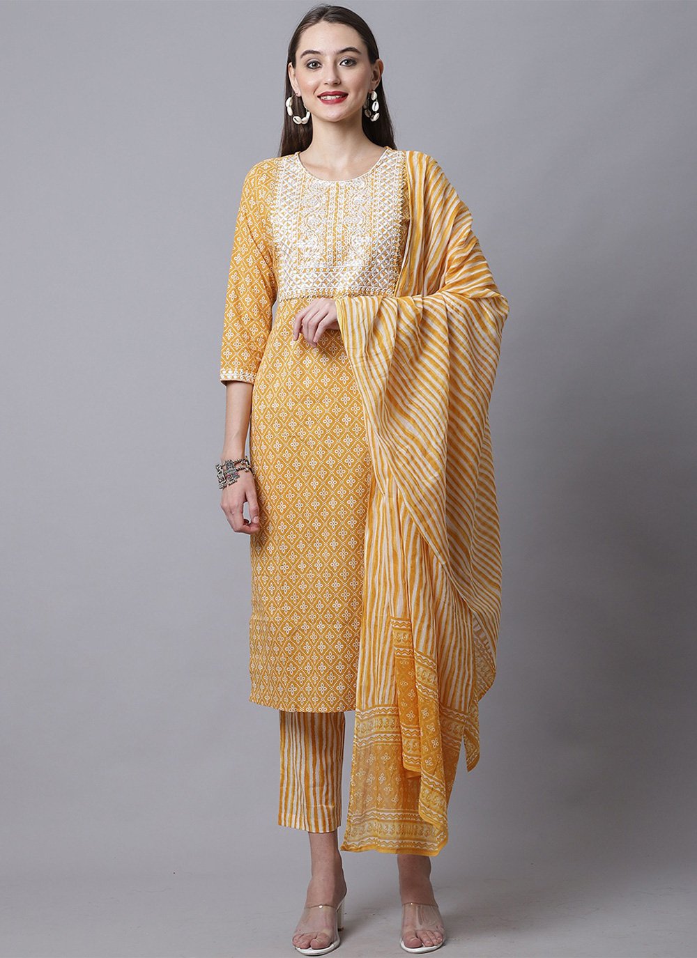 Salwar Suit Cotton Yellow Embroidered Salwar Kameez