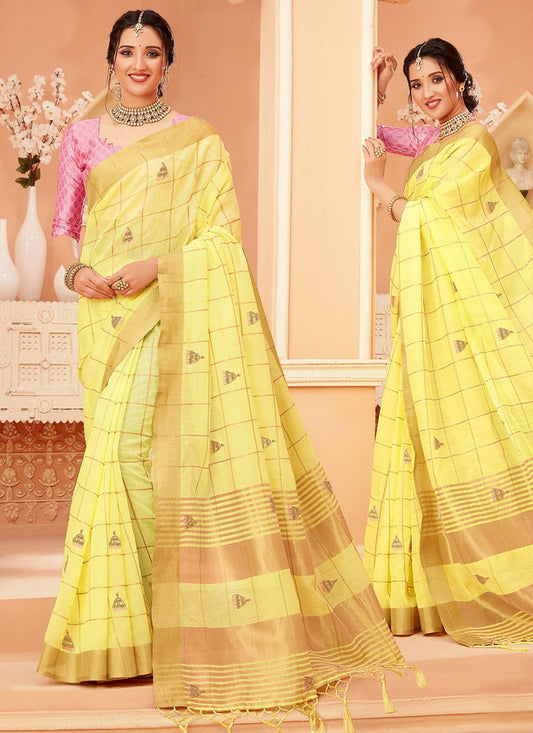 Trendy Saree Cotton Yellow Khatli Work Saree