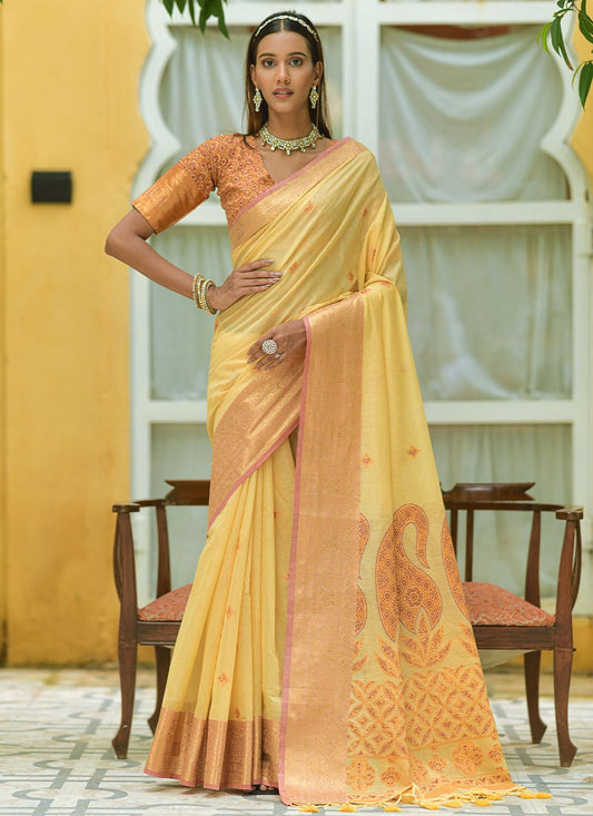 Contemporary Cotton Yellow Woven Saree